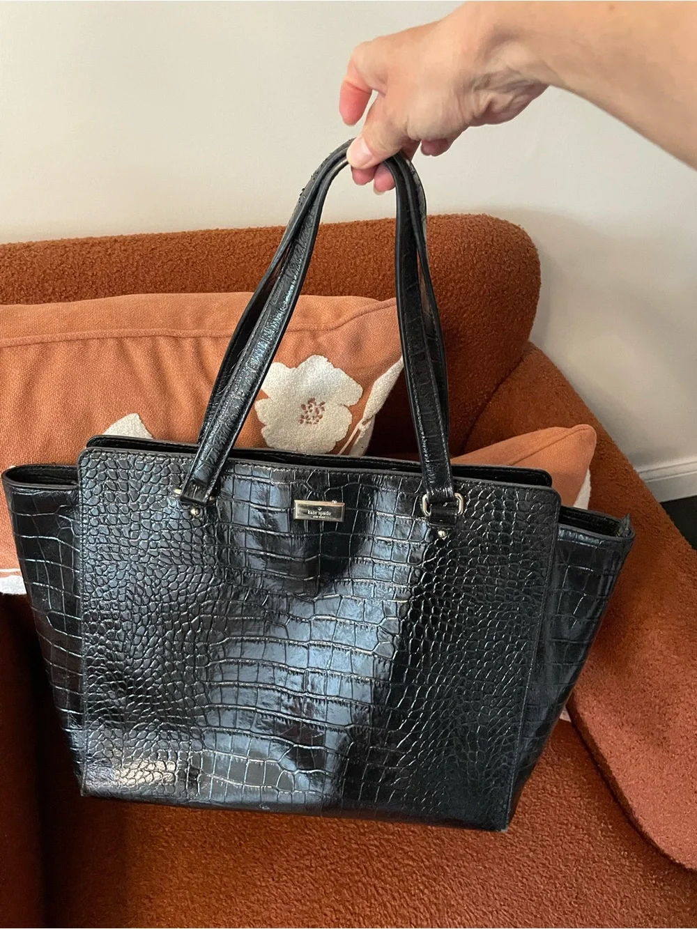 Y2K Kate Spade New York black croc work bag footed zipper top